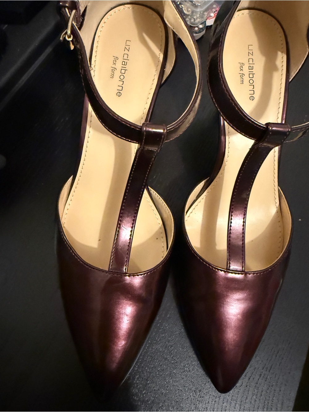 Liz Claiborne Metallic Burgundy T-Strap Pointed Heels